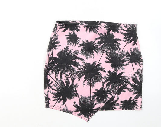 Front view of Missguided women’s pink floral polyester a-line skirt, size UK 10