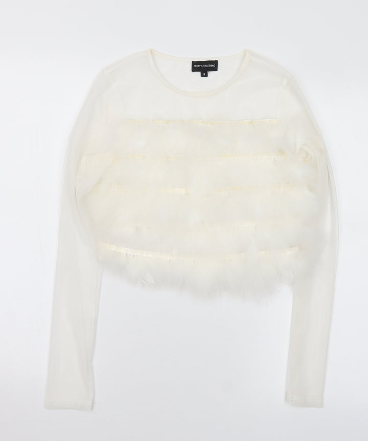 PRETTYLITTLETHING Womens White Polyester Cropped Blouse Size 8 Round Neck