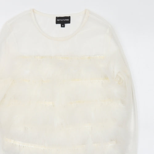 PRETTYLITTLETHING Womens White Polyester Cropped Blouse Size 8 Round Neck