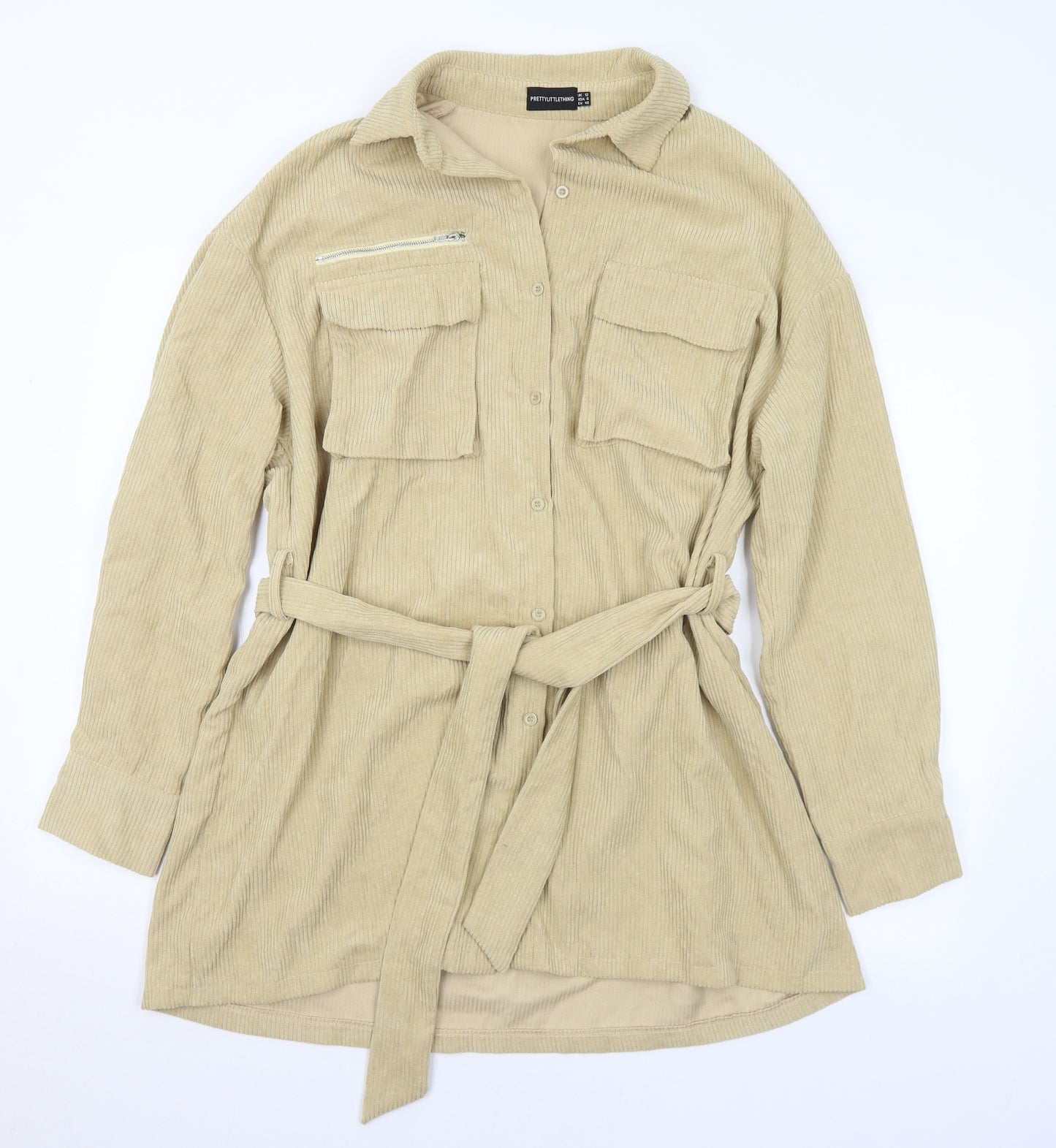 PRETTYLITTLETHING Womens Beige Polyester Shirt Dress Size 12 Collared