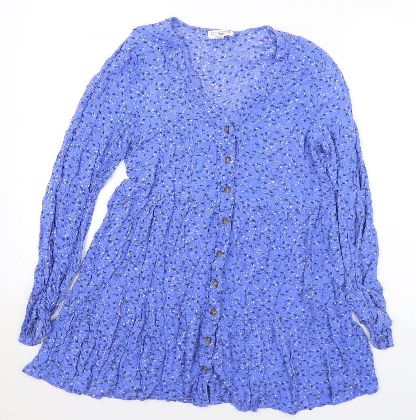 In the Style Womens Blue Floral Polyester Tunic Blouse Size 10 V-Neck