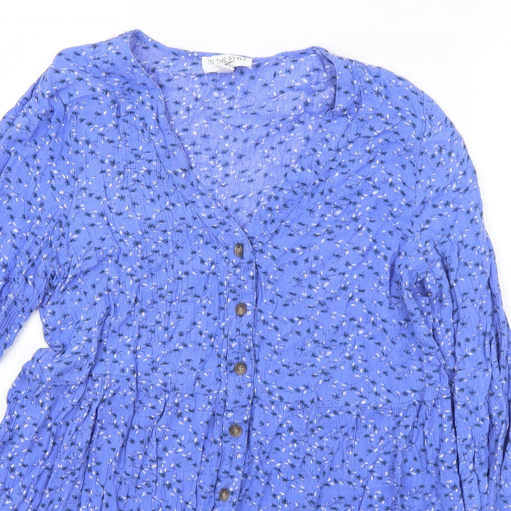 In the Style Womens Blue Floral Polyester Tunic Blouse Size 10 V-Neck