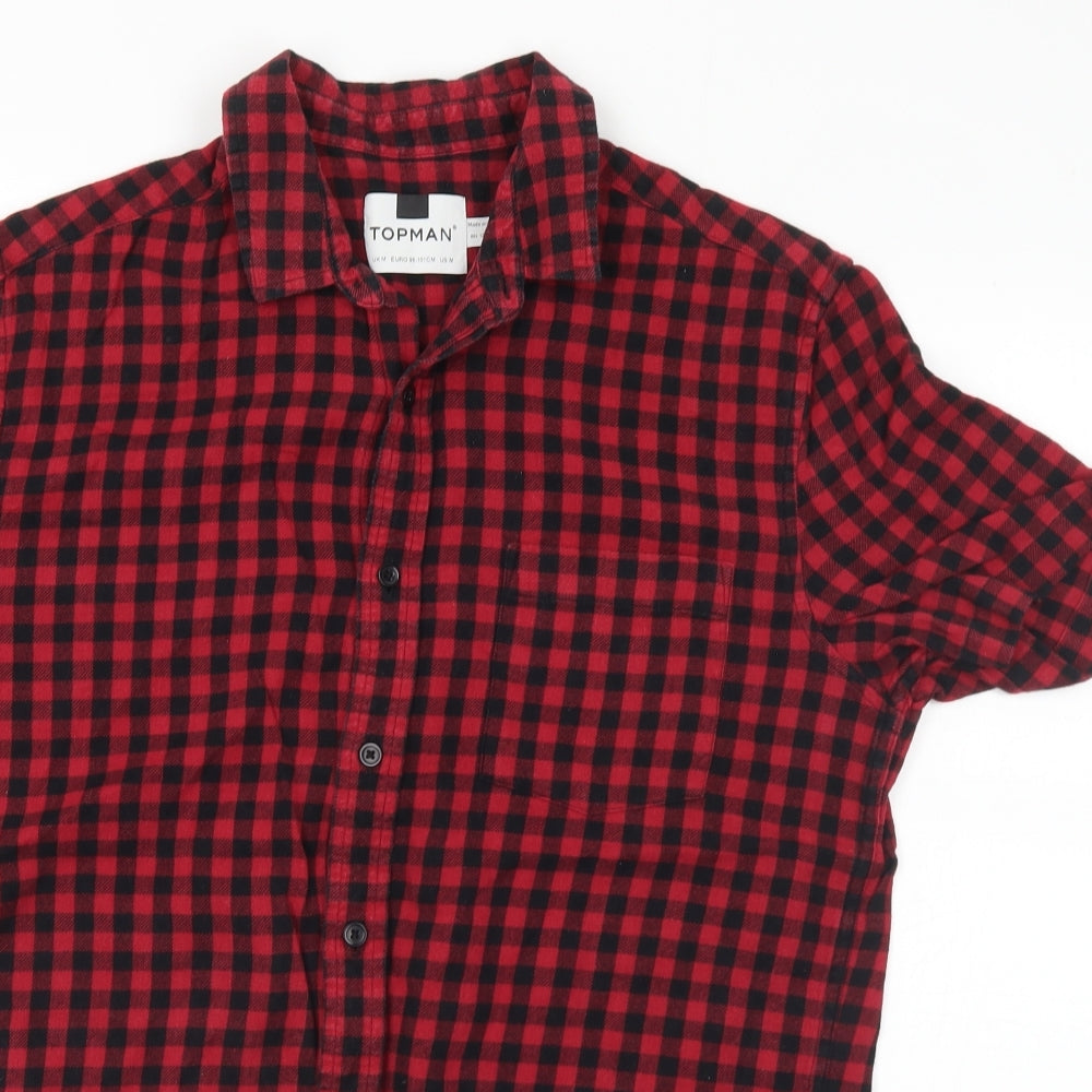 Topman Mens Red Check Cotton Button-Up Size M Collared Button