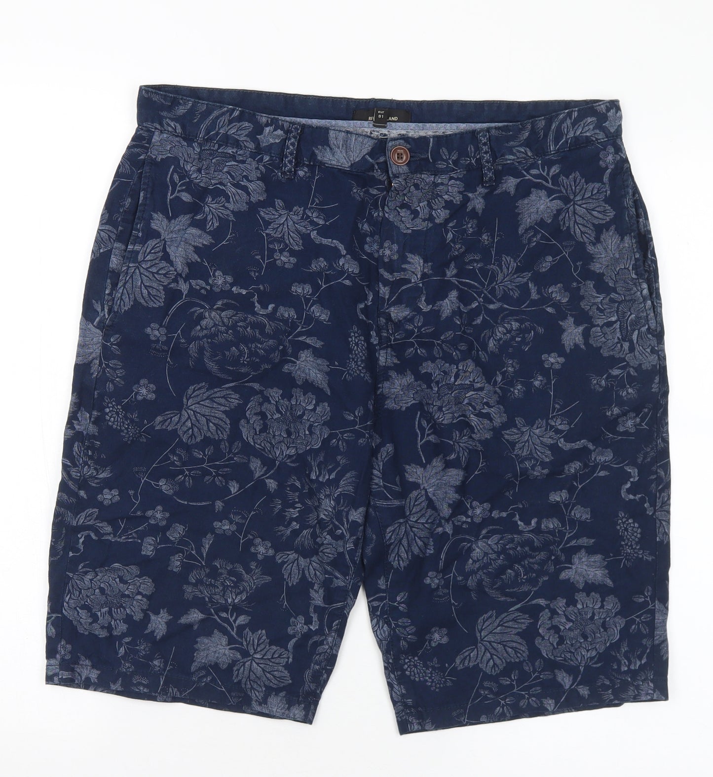 River Island Mens Blue Geometric Cotton Chino Shorts Size 32 in L10 in Regular Button
