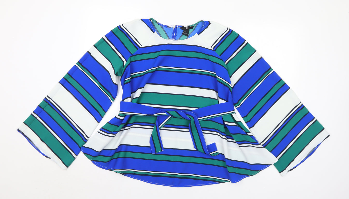 H&M Womens Multicoloured Striped Polyester Basic Blouse Size 8 Round Neck