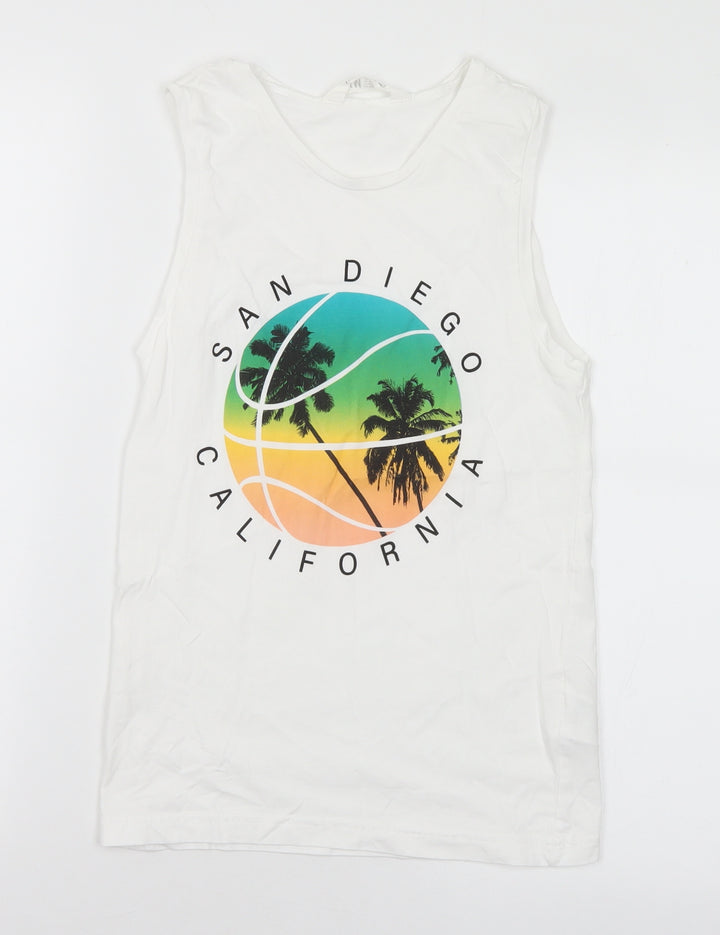 H&M Boys White Cotton Basic T-Shirt Size 10 Years Round Neck - California