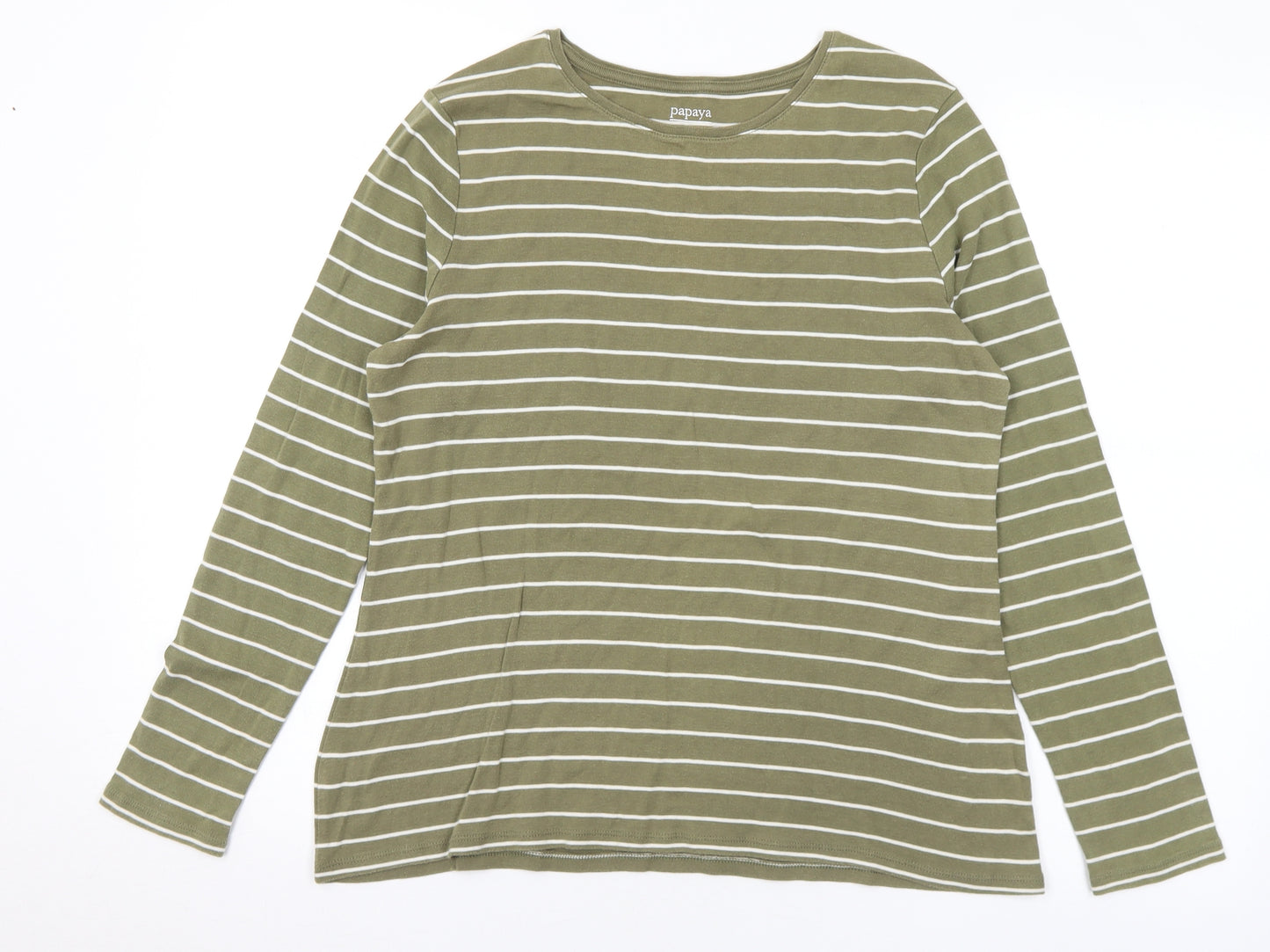 Papaya Womens Green Striped Cotton Basic T-Shirt Size 18 Round Neck