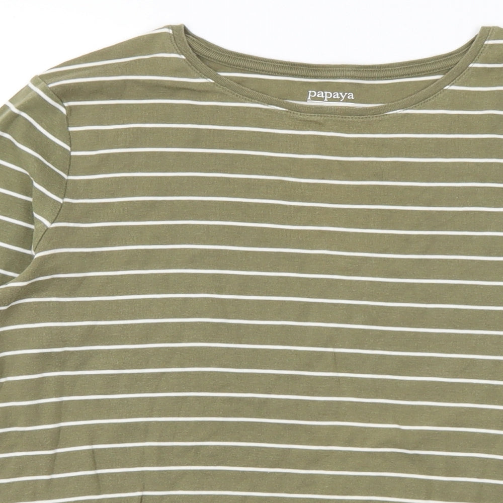 Papaya Womens Green Striped Cotton Basic T-Shirt Size 18 Round Neck