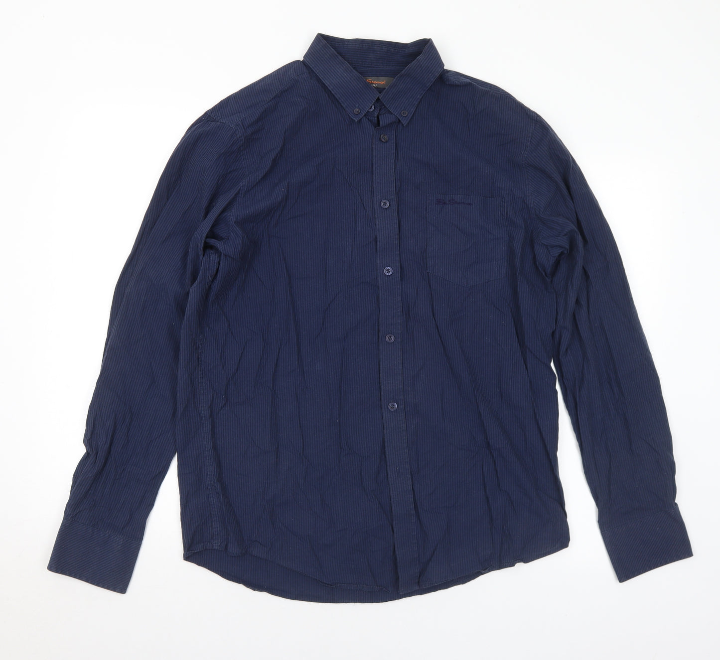 Ben Sherman Mens Blue Striped Cotton Button-Up Size XL Collared Button