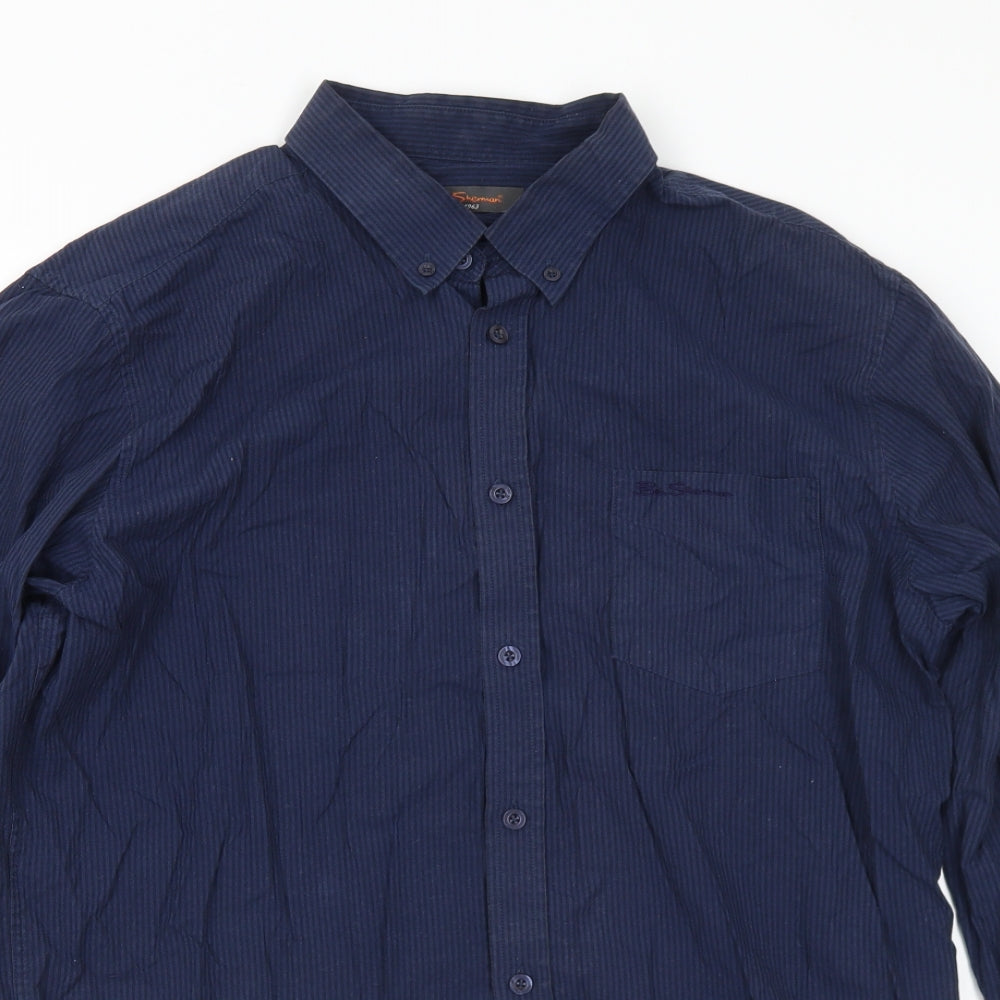 Ben Sherman Mens Blue Striped Cotton Button-Up Size XL Collared Button