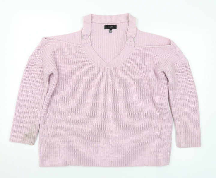 New Look Womens Pink V-Neck Acrylic Pullover Jumper Size S - Cold shoulder