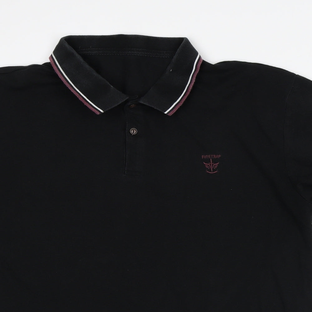 Firetrap Mens Black Striped Polyester Polo Size M Collared