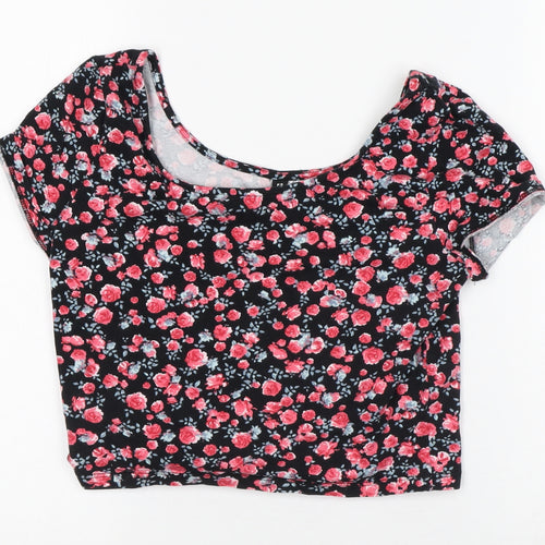 Divided Womens Black Floral Cotton Cropped T-Shirt Size M Round Neck