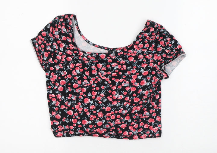 Divided Womens Black Floral Cotton Cropped T-Shirt Size M Round Neck