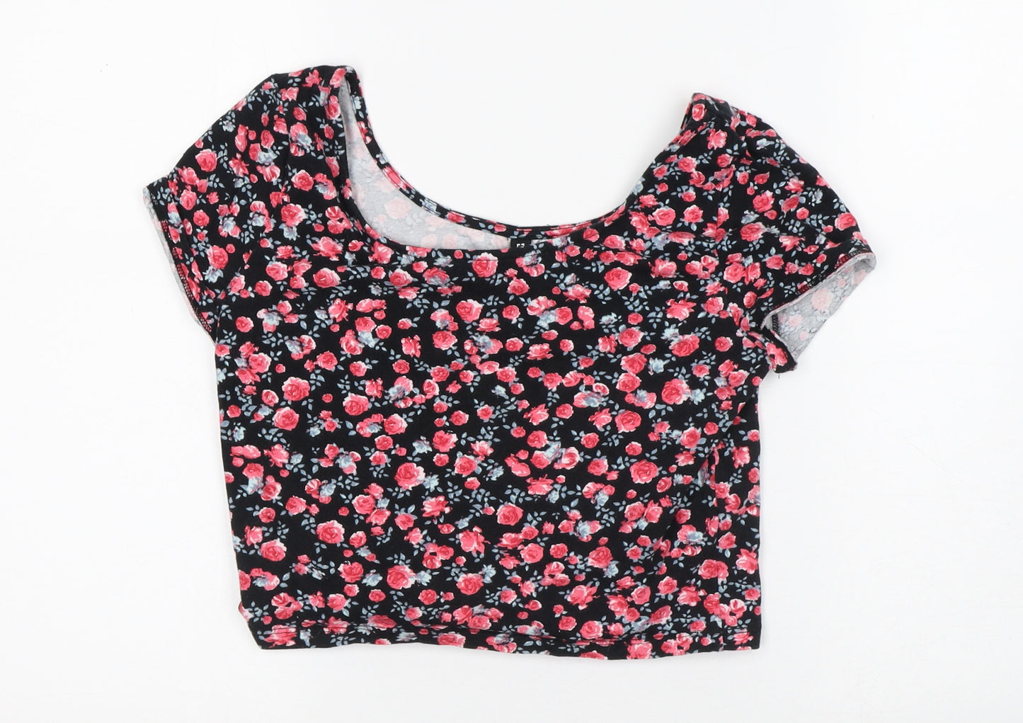Divided Womens Black Floral Cotton Cropped T-Shirt Size M Round Neck