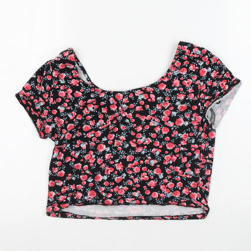 Divided Womens Black Floral Cotton Cropped T-Shirt Size M Round Neck