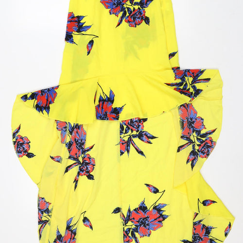 PRETTYLITTLETHING Womens Yellow Floral Patent Leather Maxi Size 6 Off the Shoulder - Short front Long Back