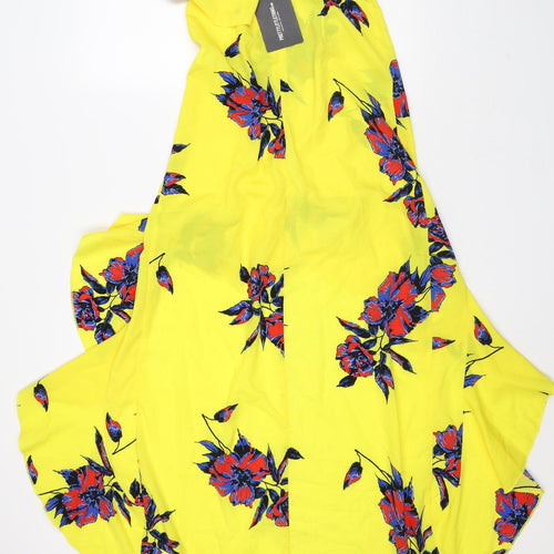 PRETTYLITTLETHING Womens Yellow Floral Patent Leather Maxi Size 6 Off the Shoulder - Short front Long Back