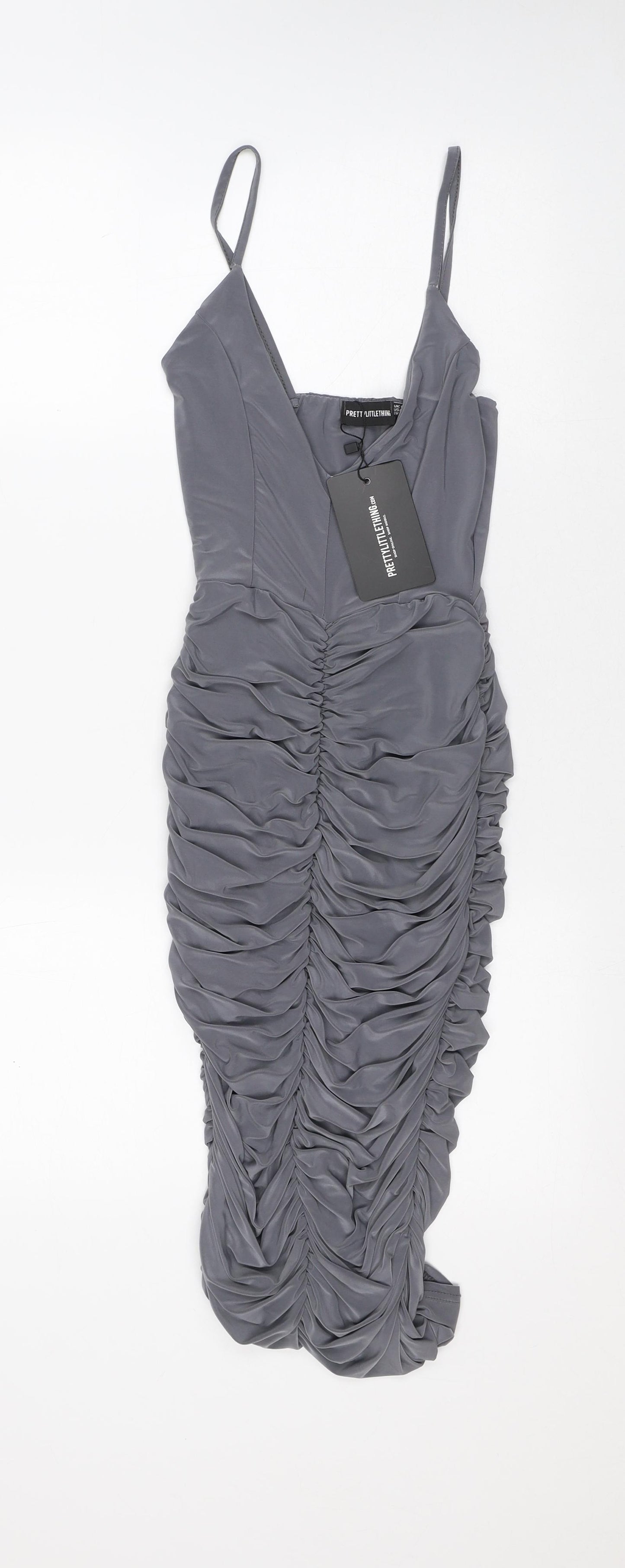PRETTYLITTLETHING Womens Grey Polyester Bodycon Size 6 V-Neck