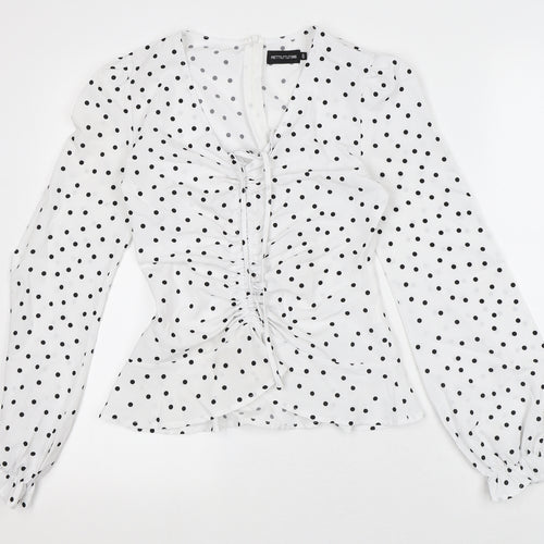 PRETTYLITTLETHING Womens White Polka Dot Polyester Basic Blouse Size 6 V-Neck