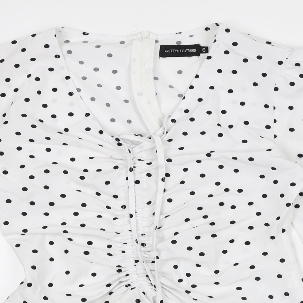 PRETTYLITTLETHING Womens White Polka Dot Polyester Basic Blouse Size 6 V-Neck