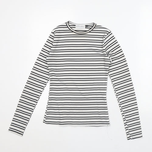 In the Style Womens White Striped Polyester Basic T-Shirt Size 6 Crew Neck