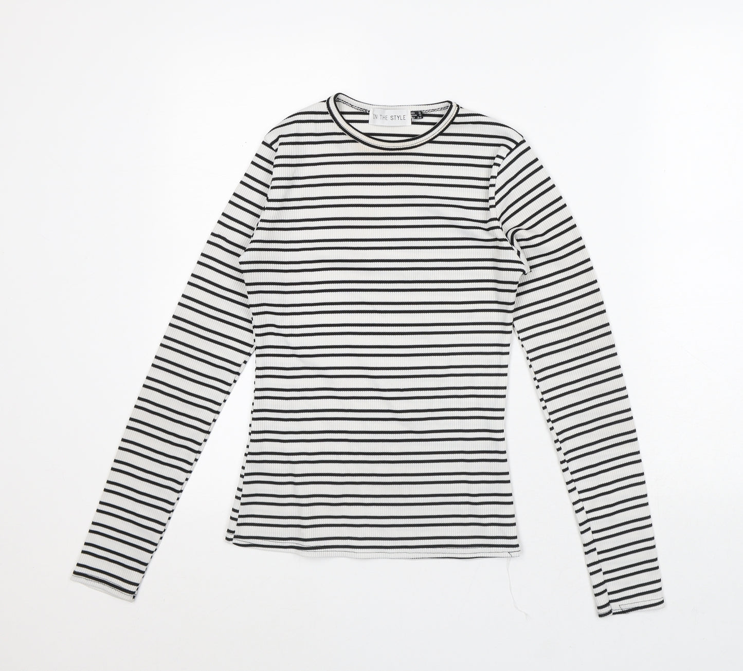 In the Style Womens White Striped Polyester Basic T-Shirt Size 6 Crew Neck