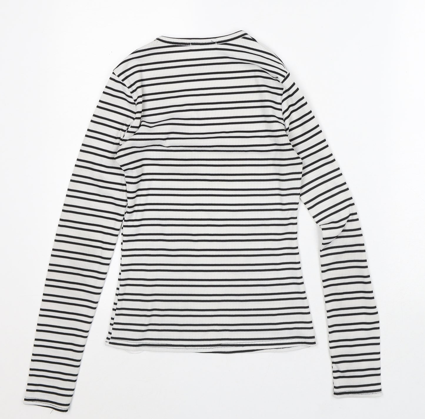 In the Style Womens White Striped Polyester Basic T-Shirt Size 6 Crew Neck