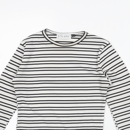 In the Style Womens White Striped Polyester Basic T-Shirt Size 6 Crew Neck
