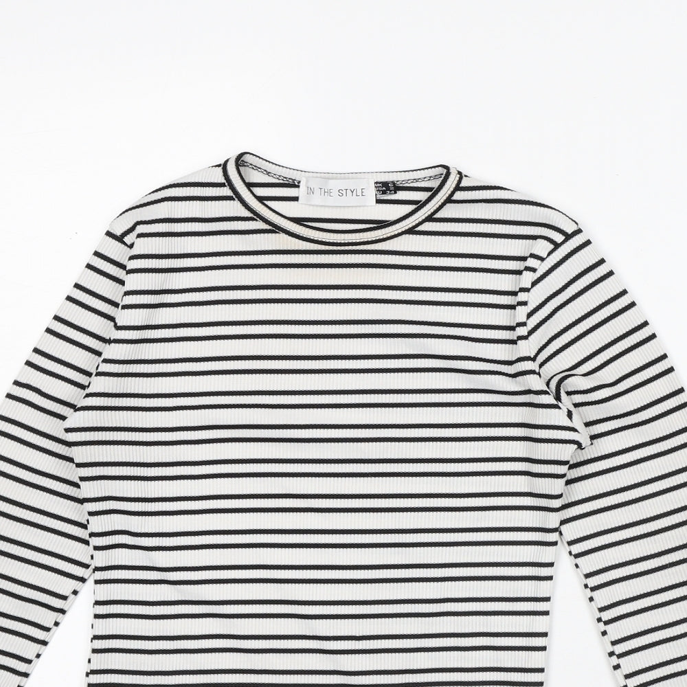 In the Style Womens White Striped Polyester Basic T-Shirt Size 6 Crew Neck
