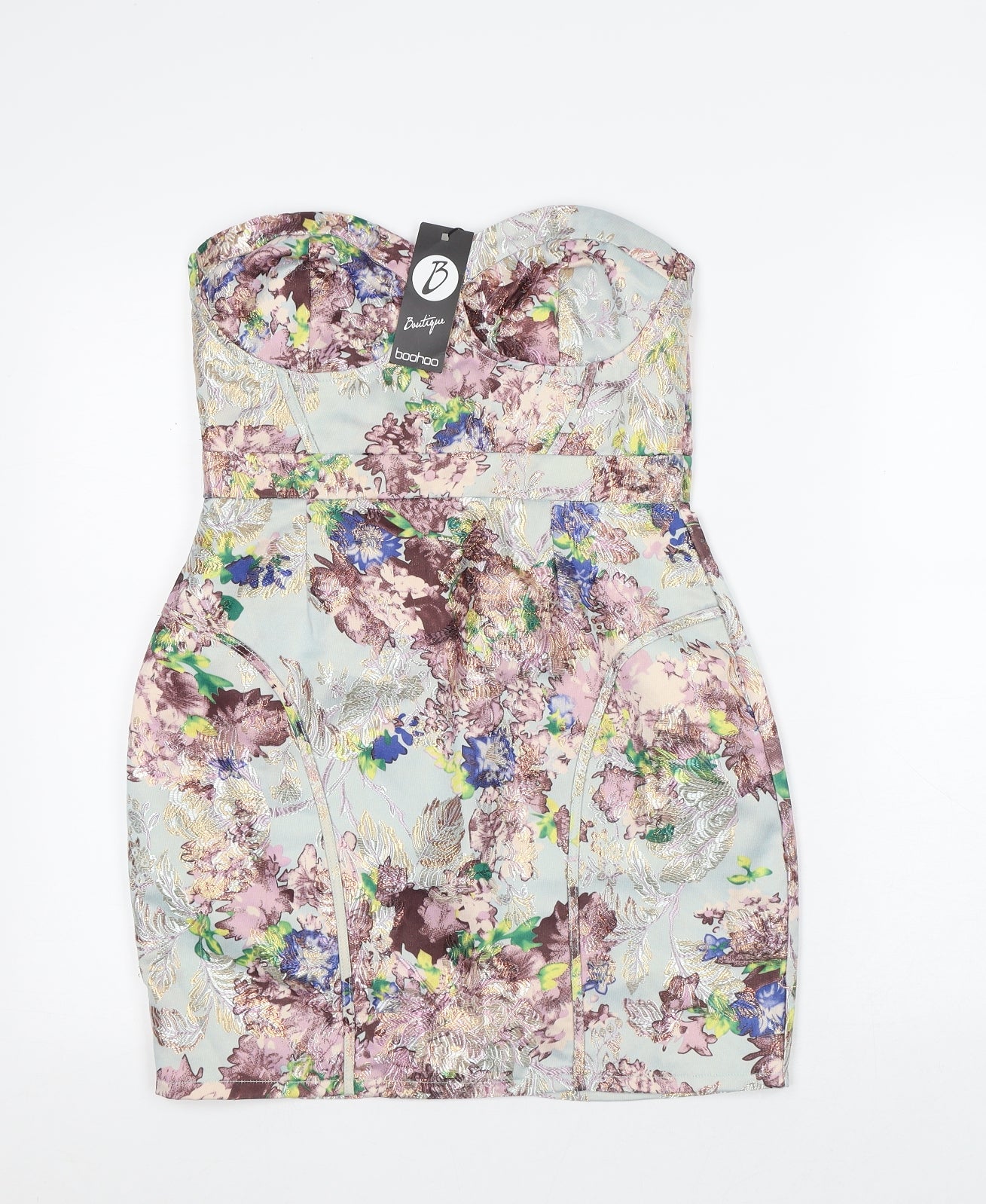 Boohoo Womens Multicoloured Floral Polyester Mini Size 10 Off the Shoulder Zip