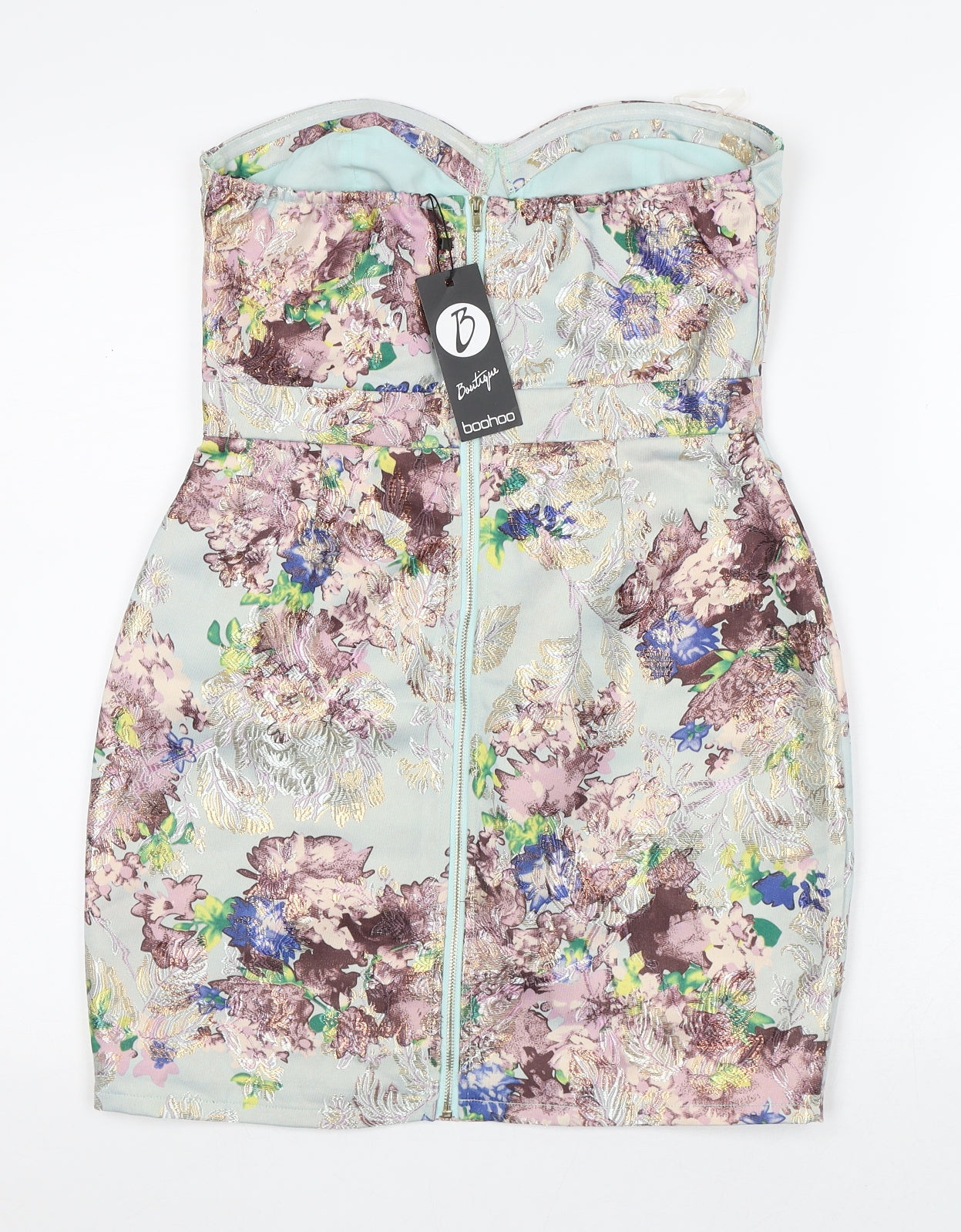 Boohoo Womens Multicoloured Floral Polyester Mini Size 10 Off the Shoulder Zip