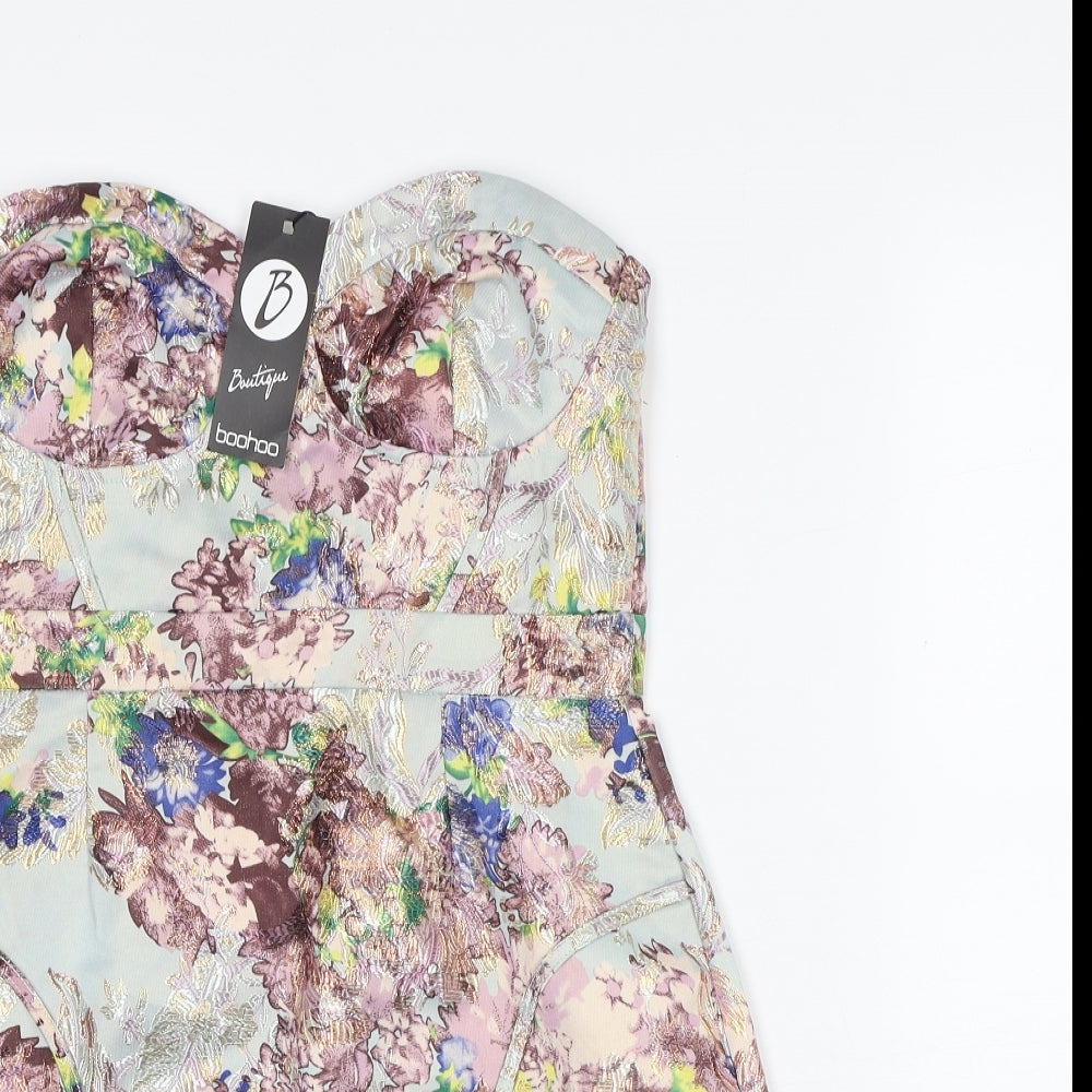 Boohoo Womens Multicoloured Floral Polyester Mini Size 10 Off the Shoulder Zip