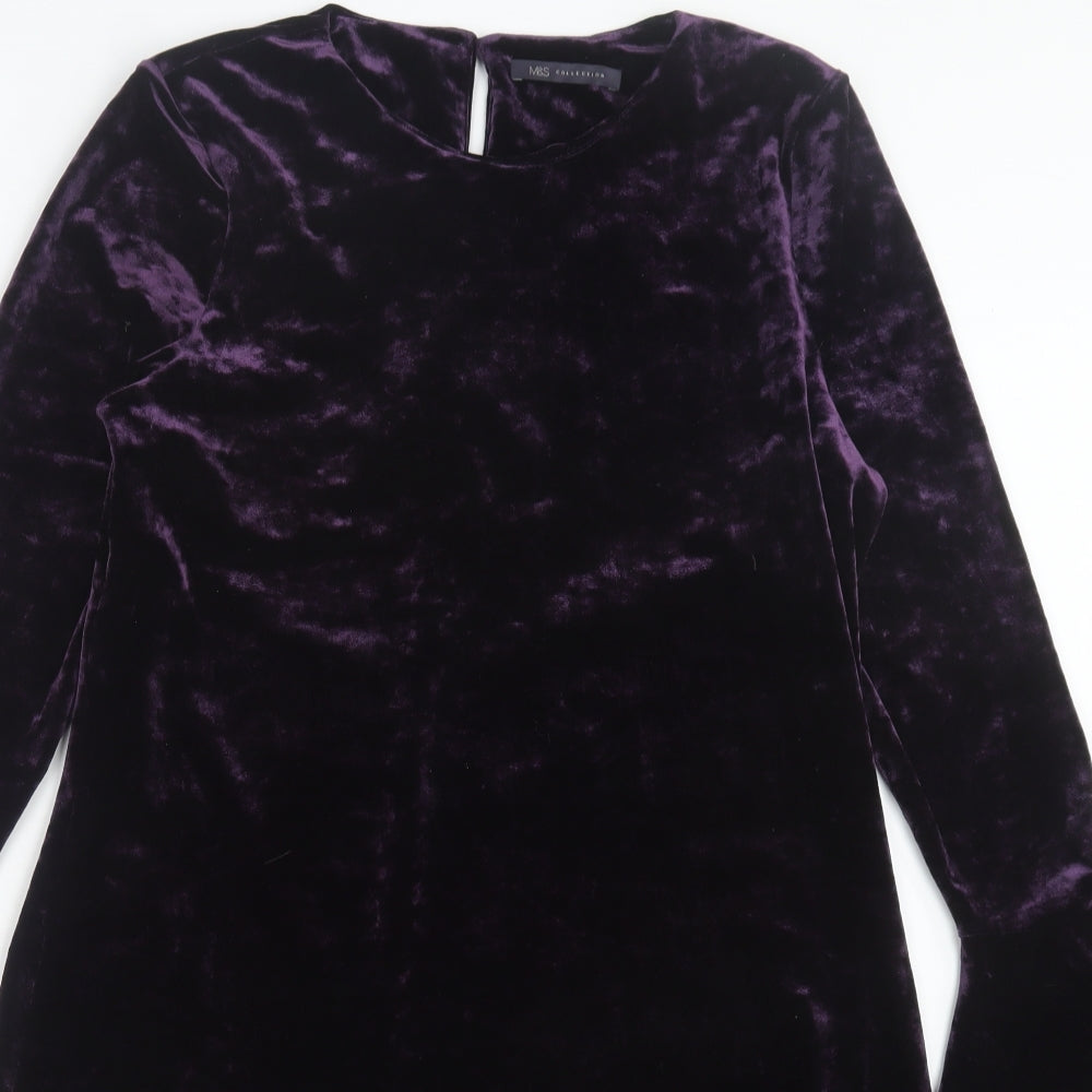Marks and Spencer Womens Purple Polyester A-Line Size 14 Crew Neck Button