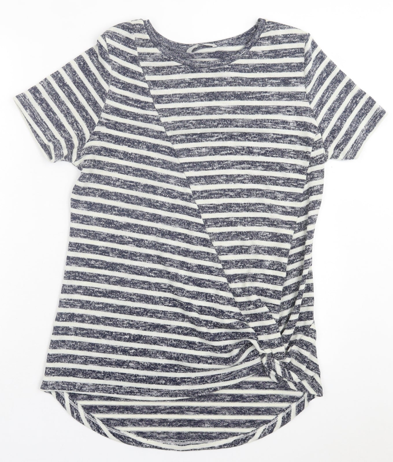 TU Womens Blue Striped Polyester Basic T-Shirt Size 14 Crew Neck