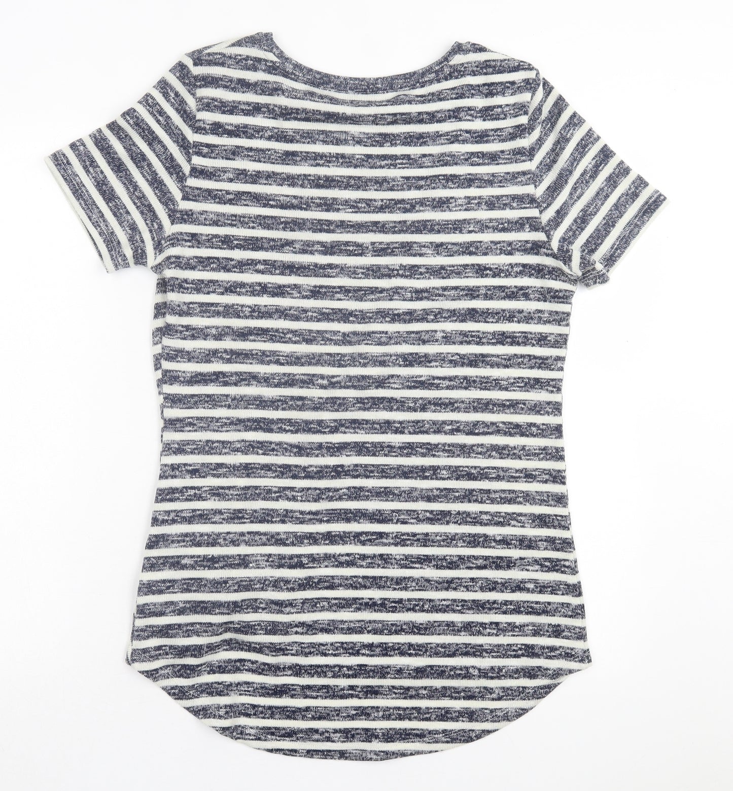 TU Womens Blue Striped Polyester Basic T-Shirt Size 14 Crew Neck