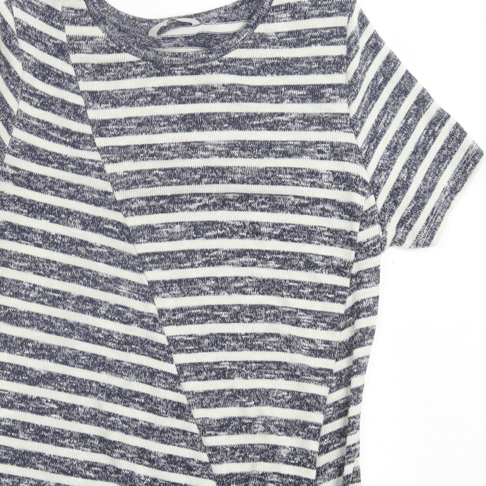 TU Womens Blue Striped Polyester Basic T-Shirt Size 14 Crew Neck