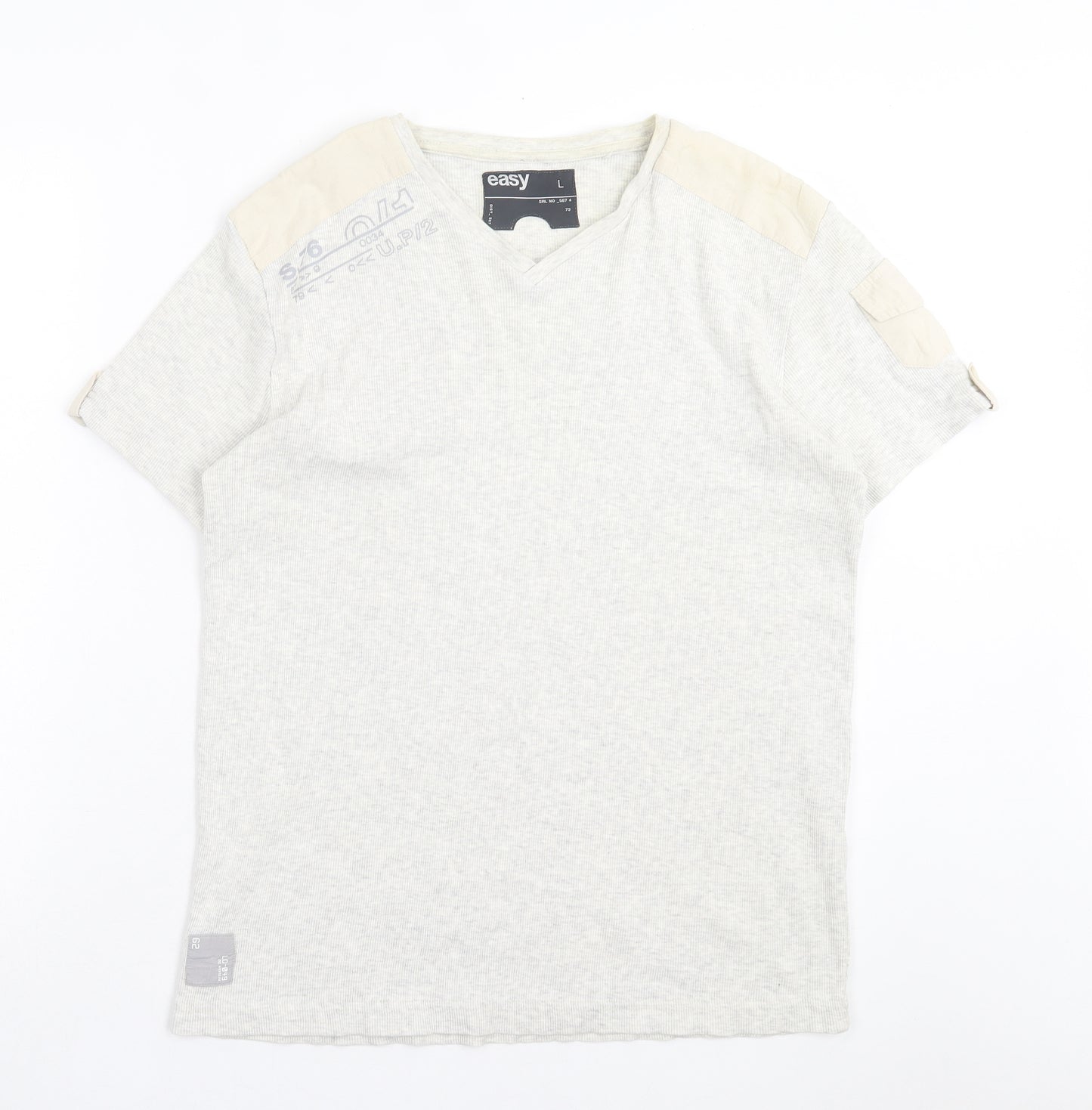 Easy Mens Grey Cotton T-Shirt Size L V-Neck