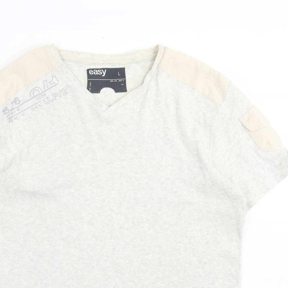 Easy Mens Grey Cotton T-Shirt Size L V-Neck