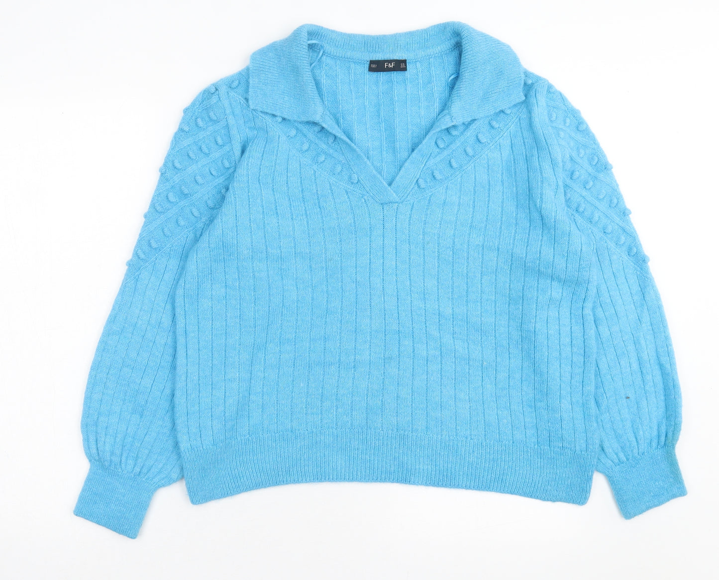F&F Womens Blue V-Neck Acrylic Pullover Jumper Size 16