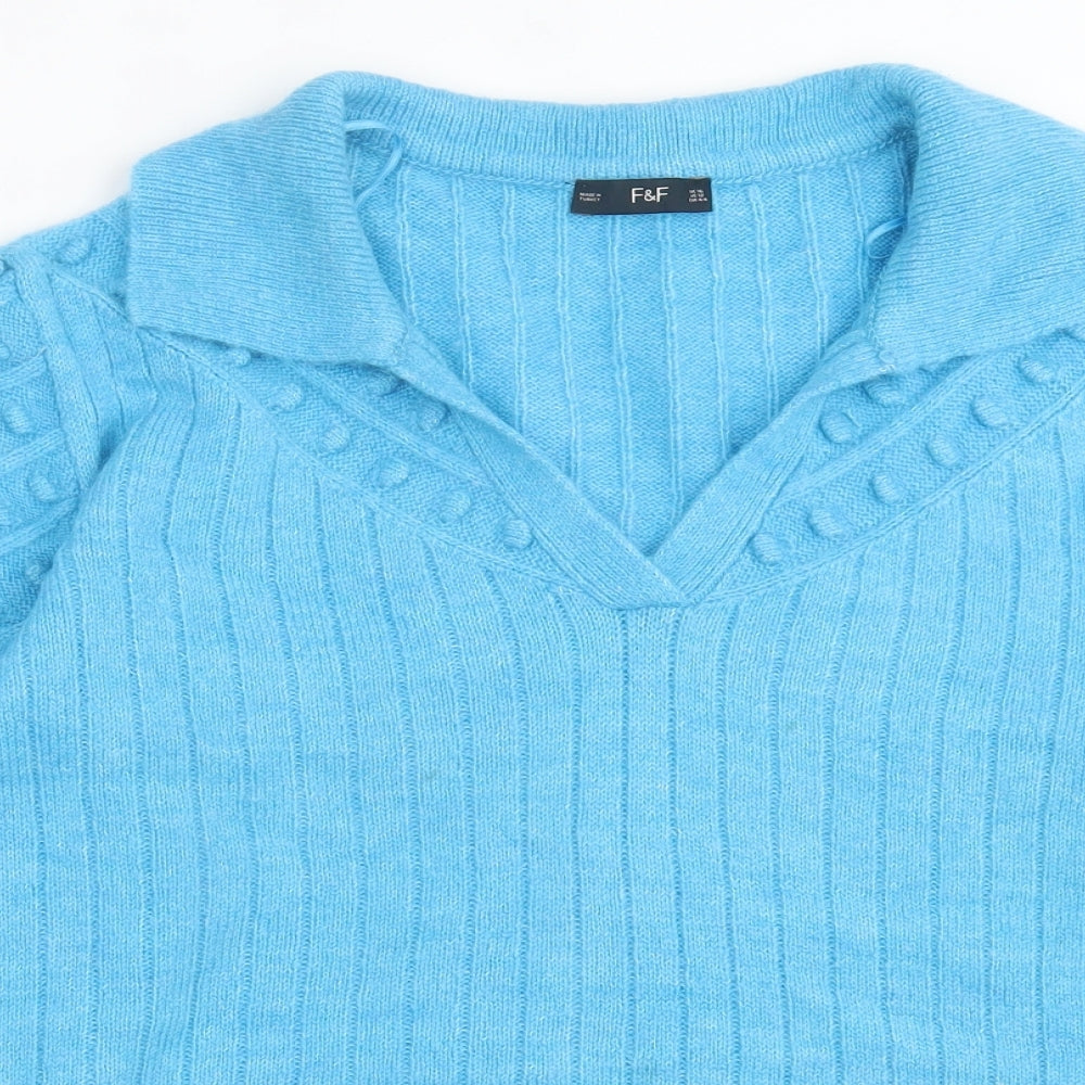 F&F Womens Blue V-Neck Acrylic Pullover Jumper Size 16