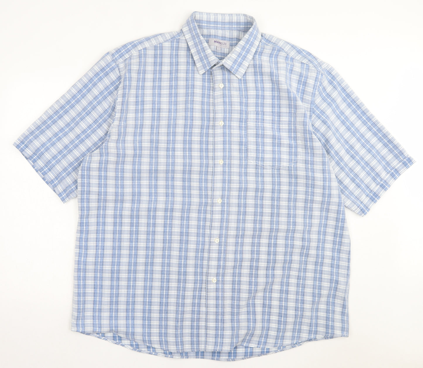 MANSIZE Mens Blue Plaid Polyester Button-Up Size 4XL Collared Button