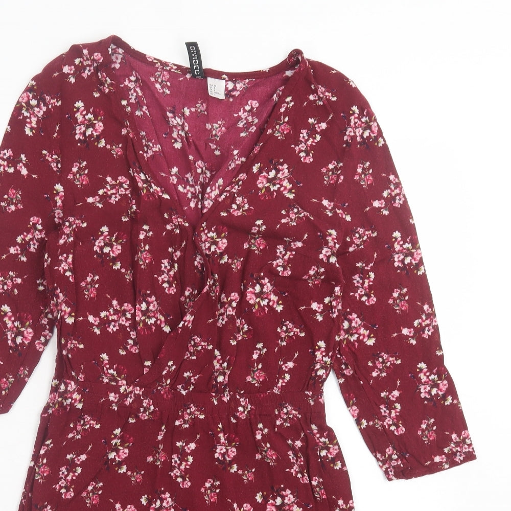 H&M Womens Red Floral Viscose A-Line Size 12 V-Neck Pullover