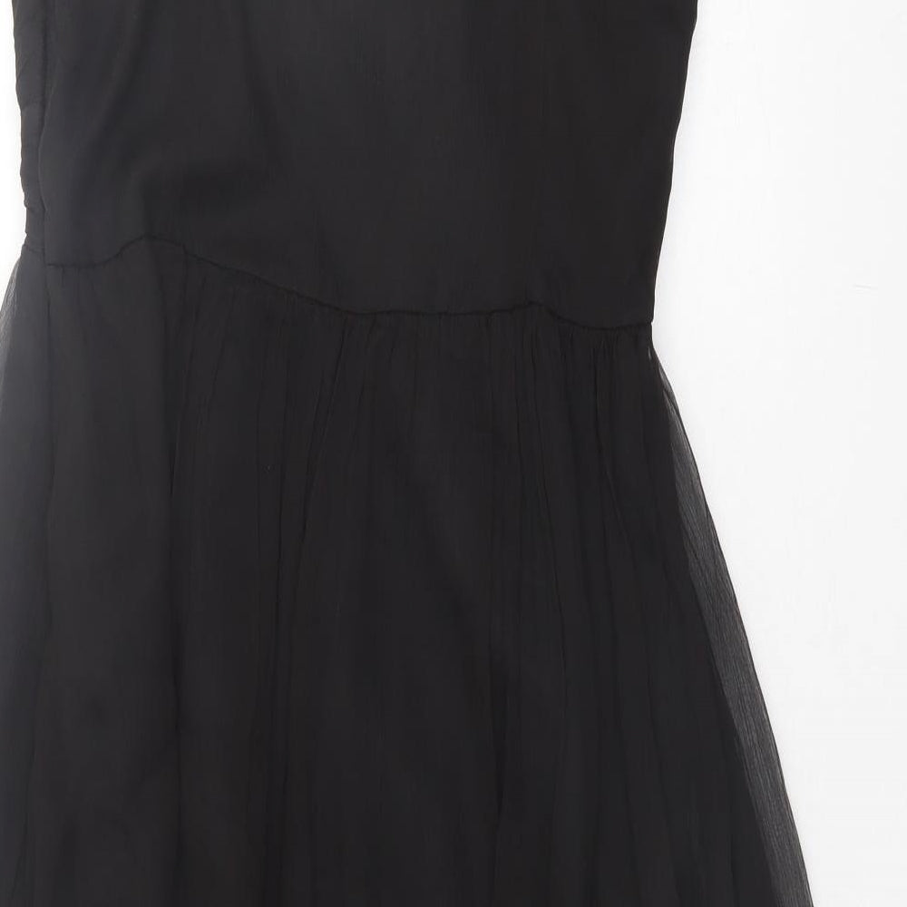 Zara Womens Black Silk Fit & Flare Size M V-Neck Zip