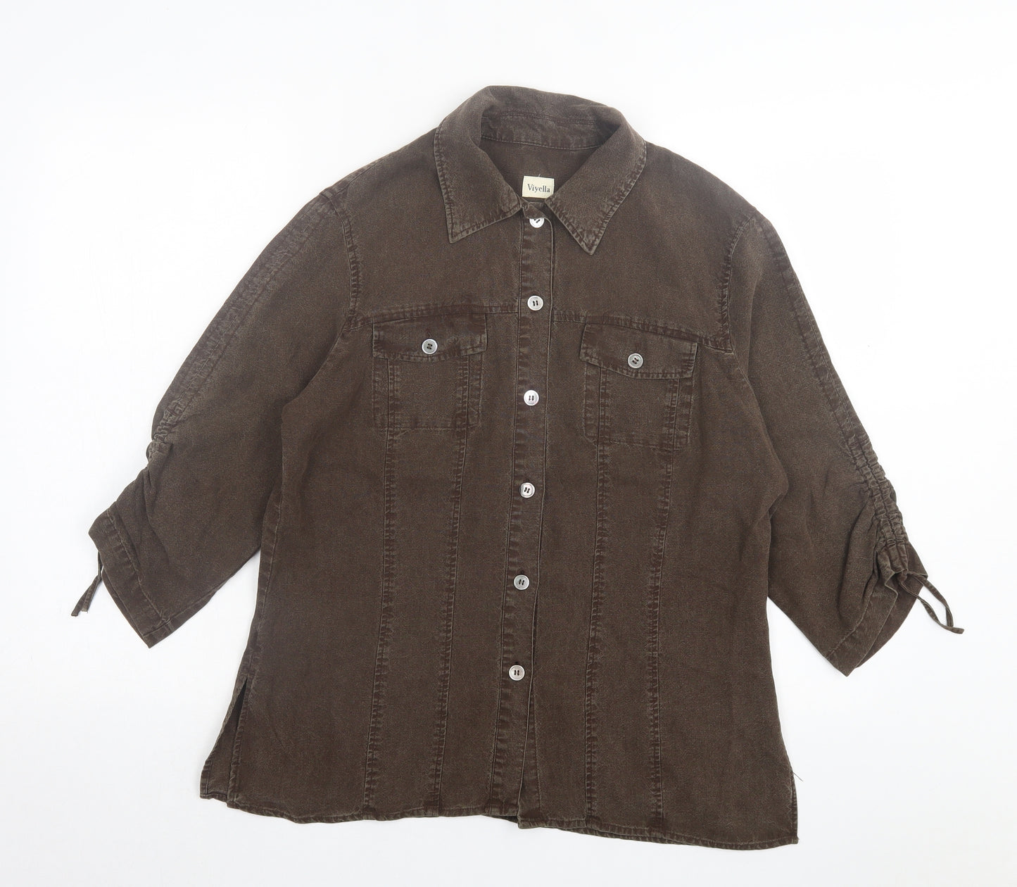 Viyella Womens Brown Linen Basic Button-Up Size 12 Collared