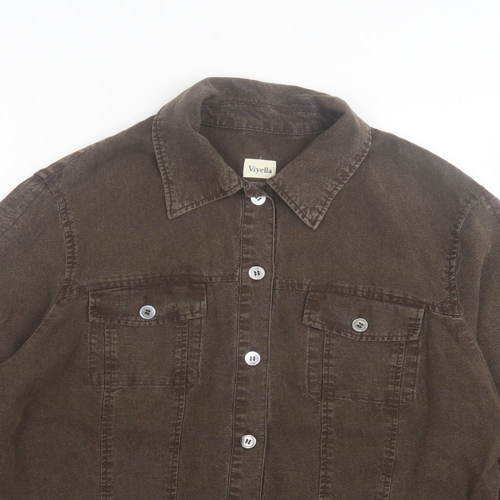 Viyella Womens Brown Linen Basic Button-Up Size 12 Collared