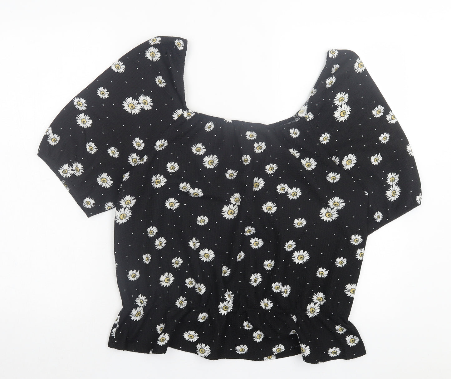 Papaya Womens Black Floral Polyester Basic T-Shirt Size 16 Off the Shoulder