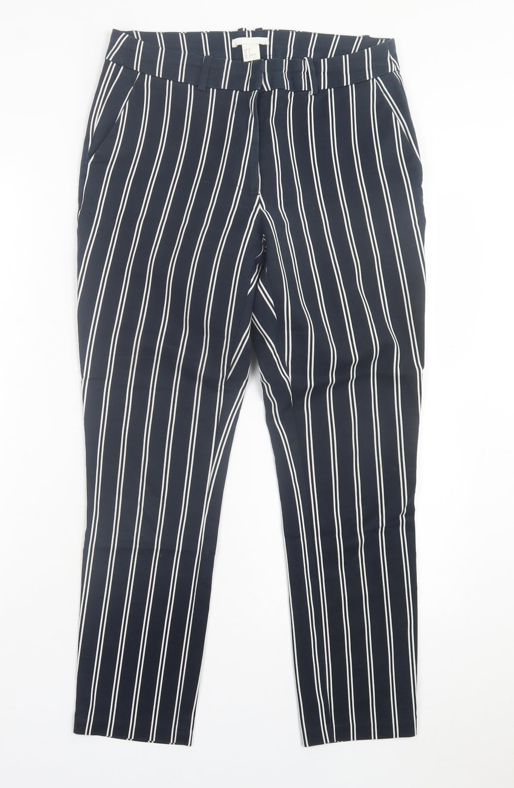 H&M Womens Blue Striped Cotton Trousers Size 10 L26 in Regular Hook & Eye