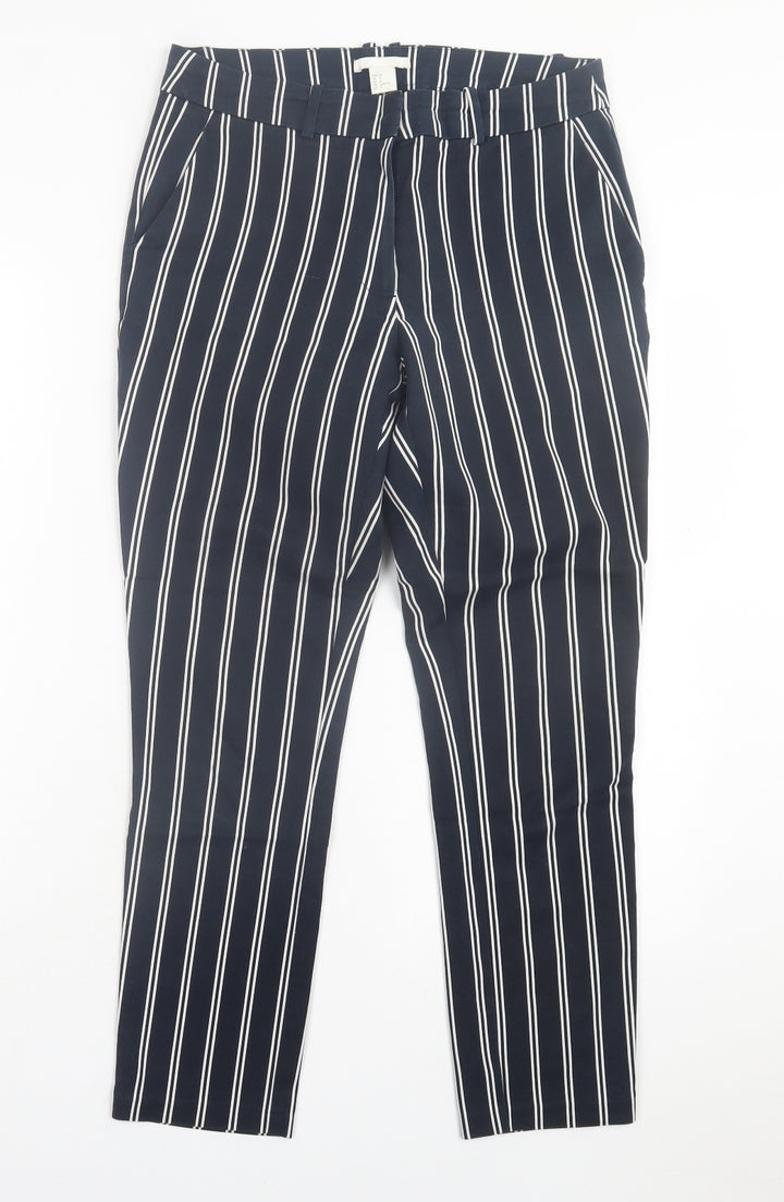 H&M Womens Blue Striped Cotton Trousers Size 10 L26 in Regular Hook & Eye