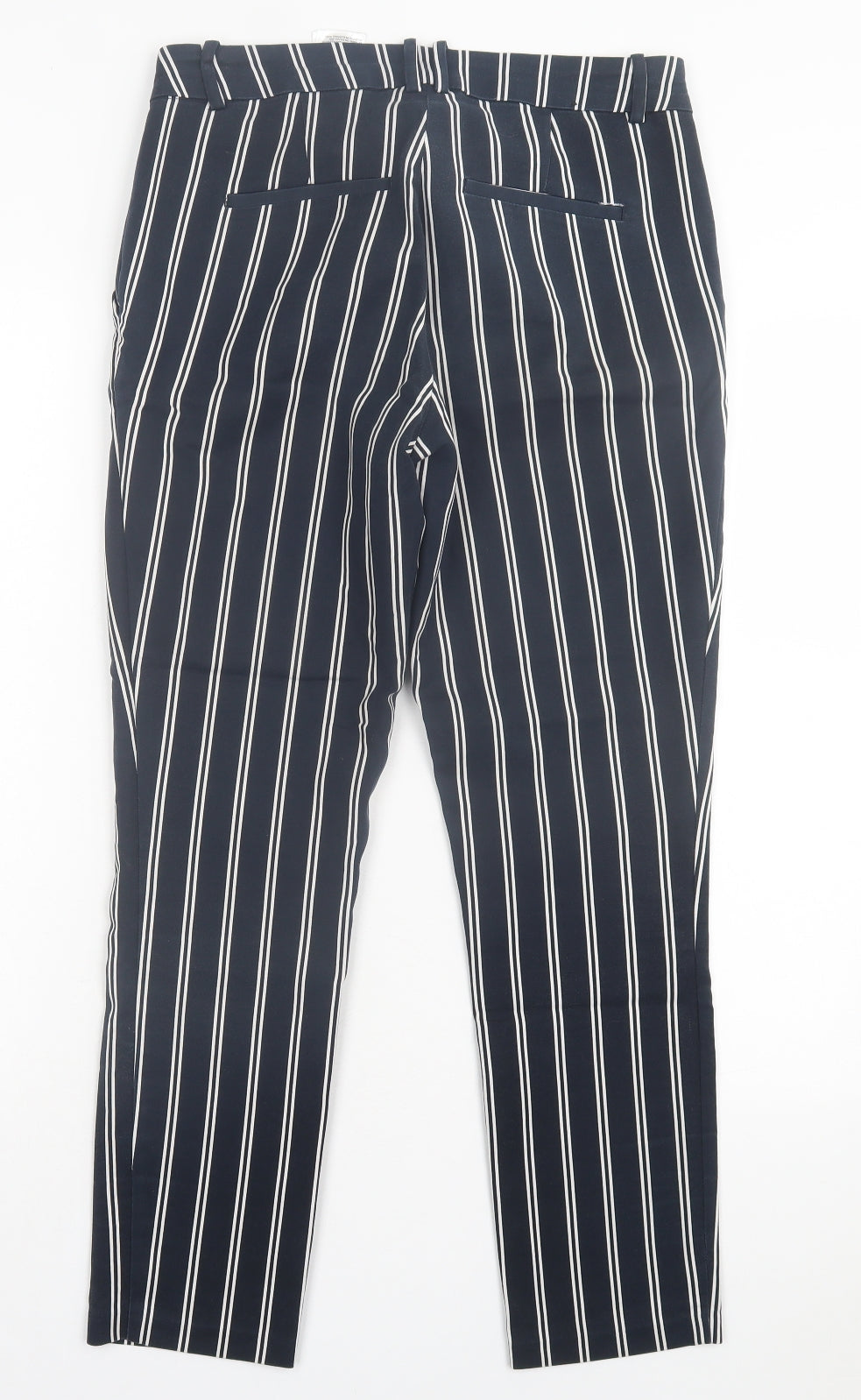 H&M Womens Blue Striped Cotton Trousers Size 10 L26 in Regular Hook & Eye
